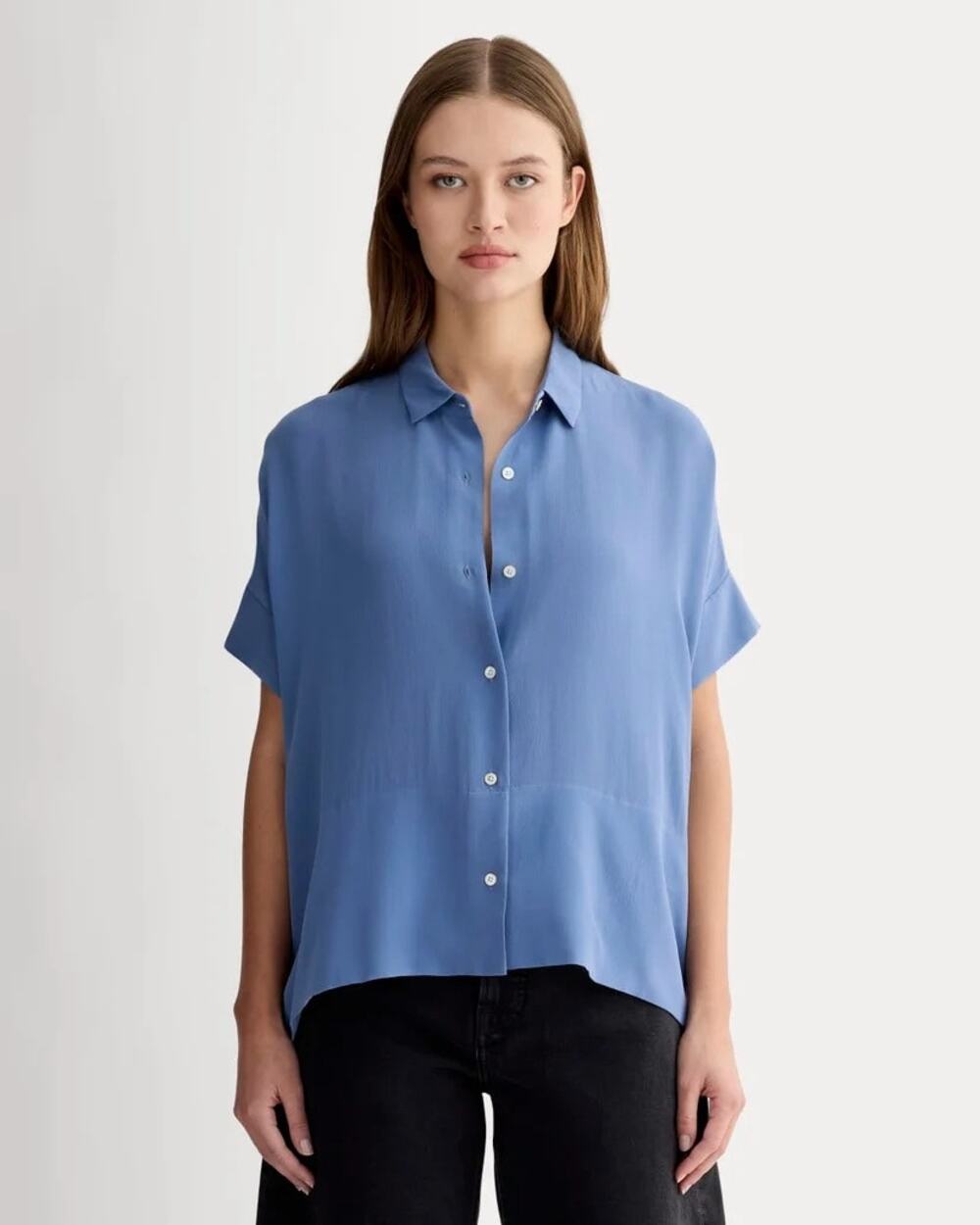 Everlane "The Boxy Shirt" in Washable Silk French Blue